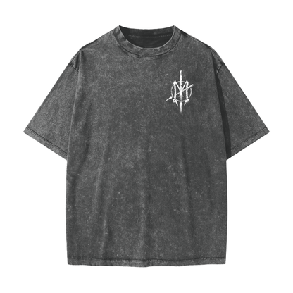 Nuuz Art/ Taiaha chest & Full back print Snow Washed T-shirt