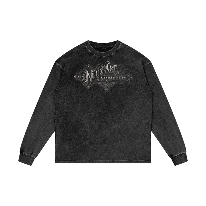 Full Nuuz Art Logo with Mataora - Long Sleeve Acid Wash Oversize Tee