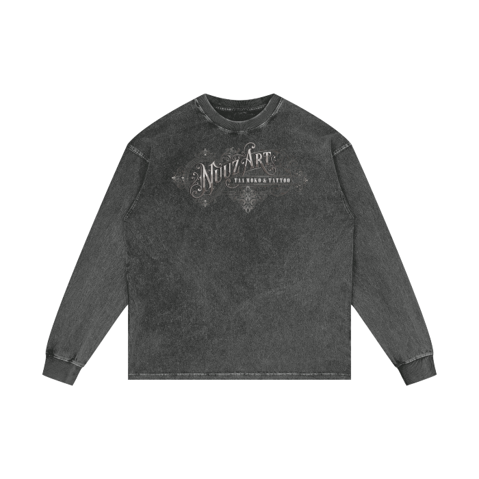 Full Nuuz Art Logo with Mataora - Long Sleeve Acid Wash Oversize Tee