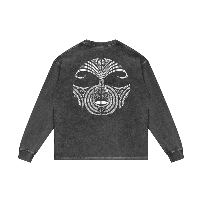 Full Nuuz Art Logo with Mataora - Long Sleeve Acid Wash Oversize Tee