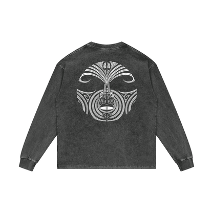Full Nuuz Art Logo with Mataora - Long Sleeve Acid Wash Oversize Tee