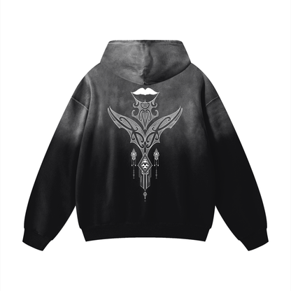 Nuuz Art/ Taiaha and Kauae Print Acid Wash Oversized Hoodie