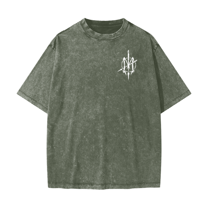 Nuuz Art/ Taiaha chest & Full back print Snow Washed T-shirt