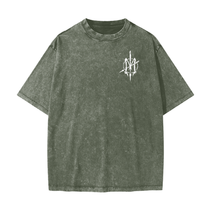 Nuuz Art/ Taiaha chest & Full back print Snow Washed T-shirt