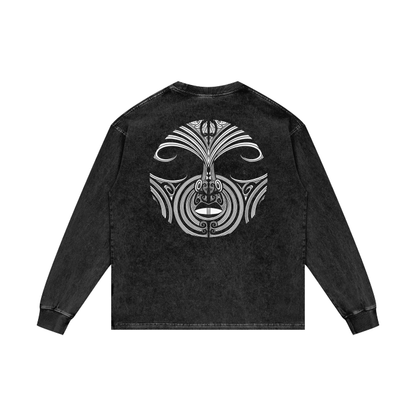 Full Nuuz Art Logo with Mataora - Long Sleeve Acid Wash Oversize Tee