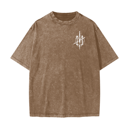 Nuuz Art/ Taiaha chest & Full back print Snow Washed T-shirt