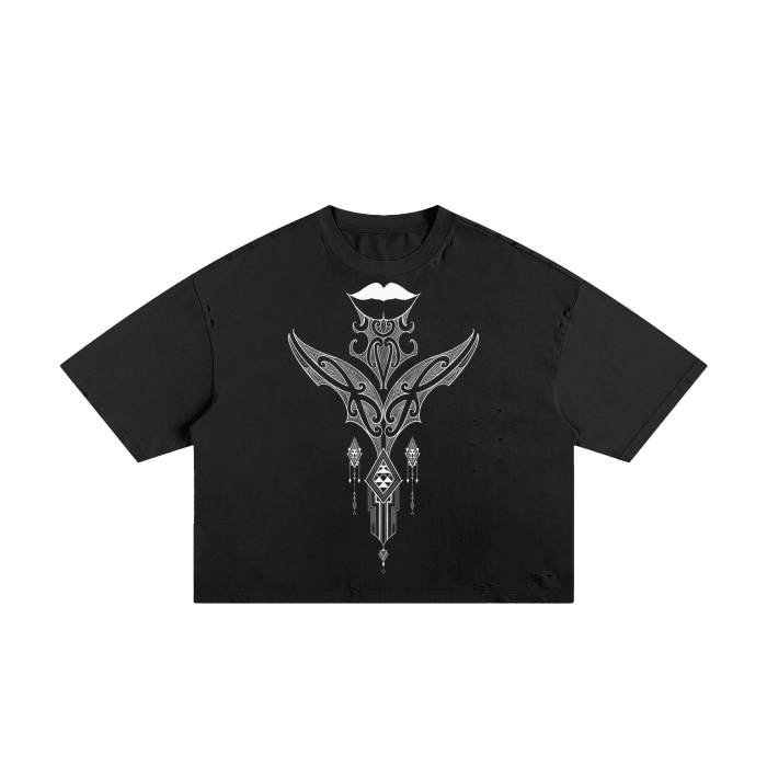 Moko Kauae with Nuuz Art Block Logos - Classic Frayed Boxy Tee